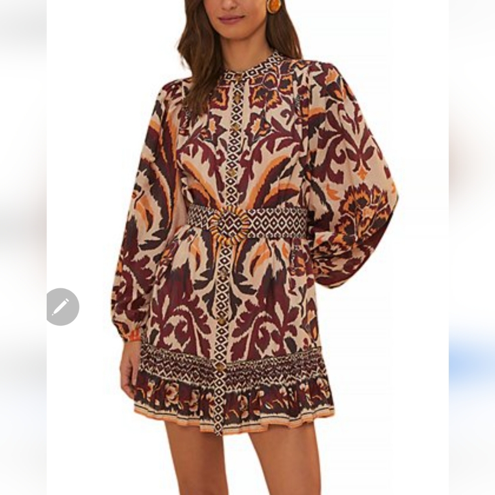 FARM Rio Burgundy, Cream & Orange Printed Mini Dress